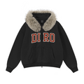 400GSM Unisex Vintage Boxyfit Faux Fur Collar Zipper Hoodie Vintage Black