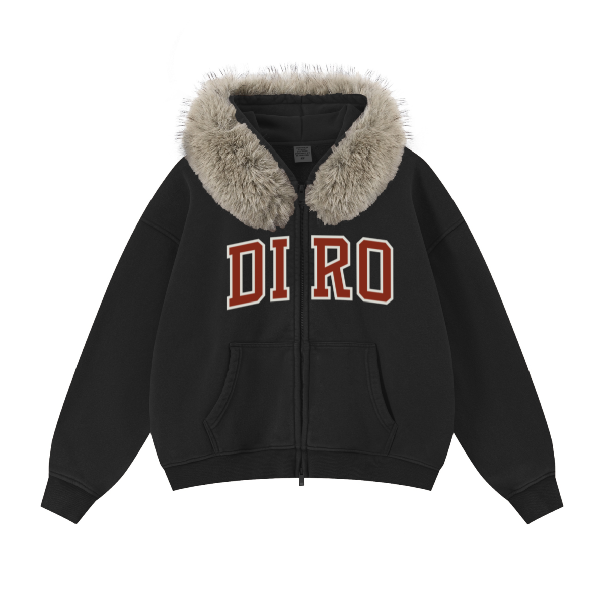 400GSM Unisex Vintage Boxyfit Faux Fur Collar Zipper Hoodie Vintage Black
