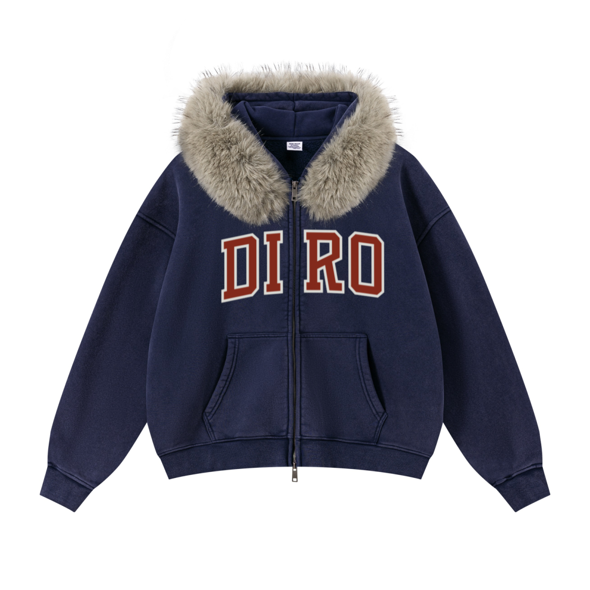 400GSM Unisex Vintage Boxyfit Faux Fur Collar Zipper Hoodie Vintage Sapphire Blue