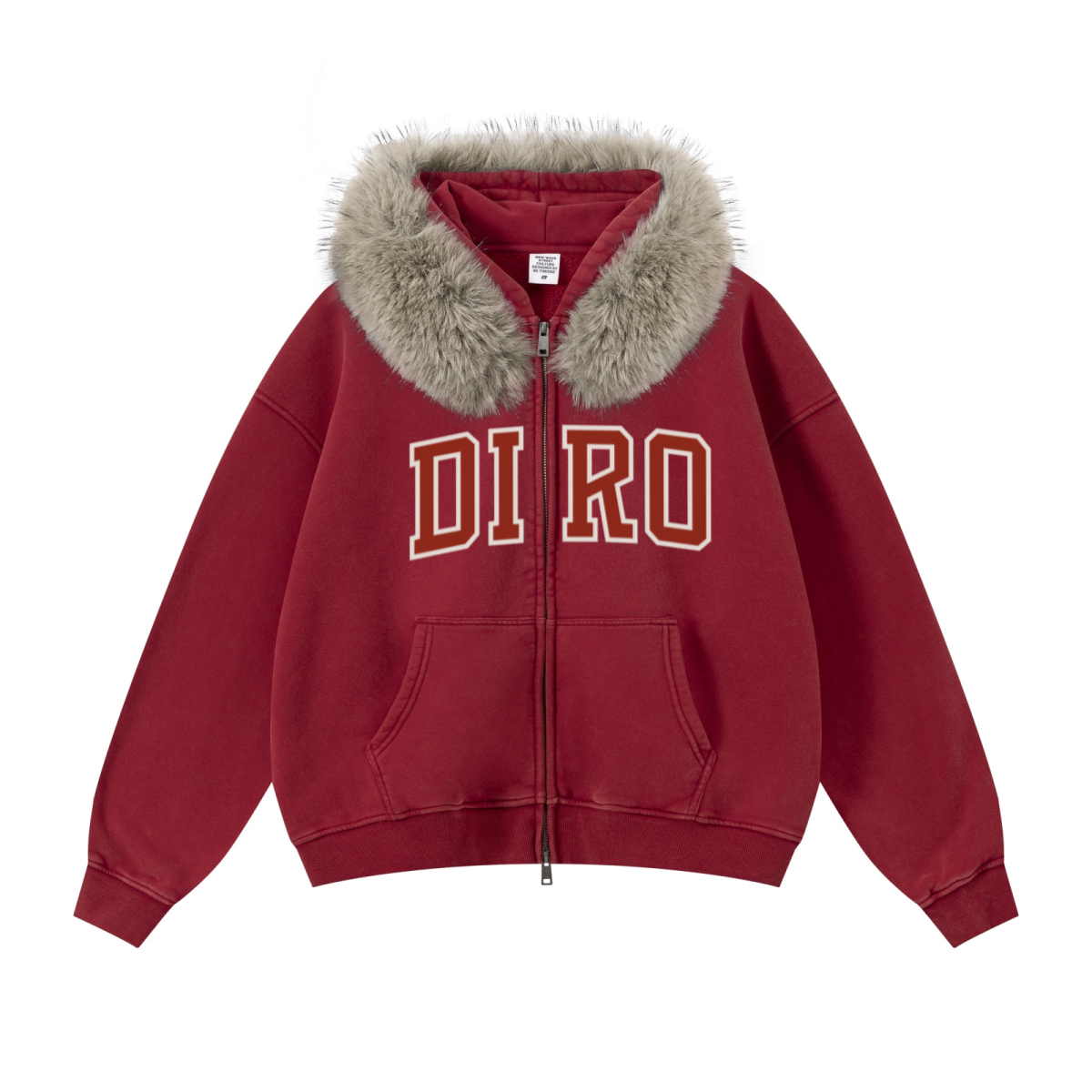 400GSM Unisex Vintage Boxyfit Faux Fur Collar Zipper Hoodie Vintage Rust Red