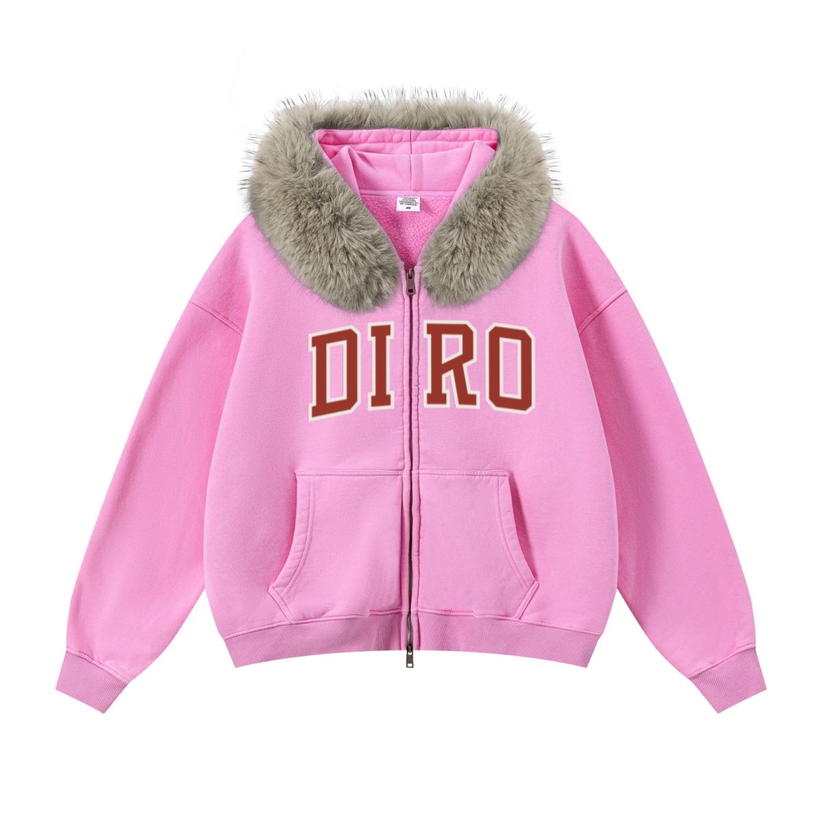 400GSM Unisex Vintage Boxyfit Faux Fur Collar Zipper Hoodie Vintage Peach Pink