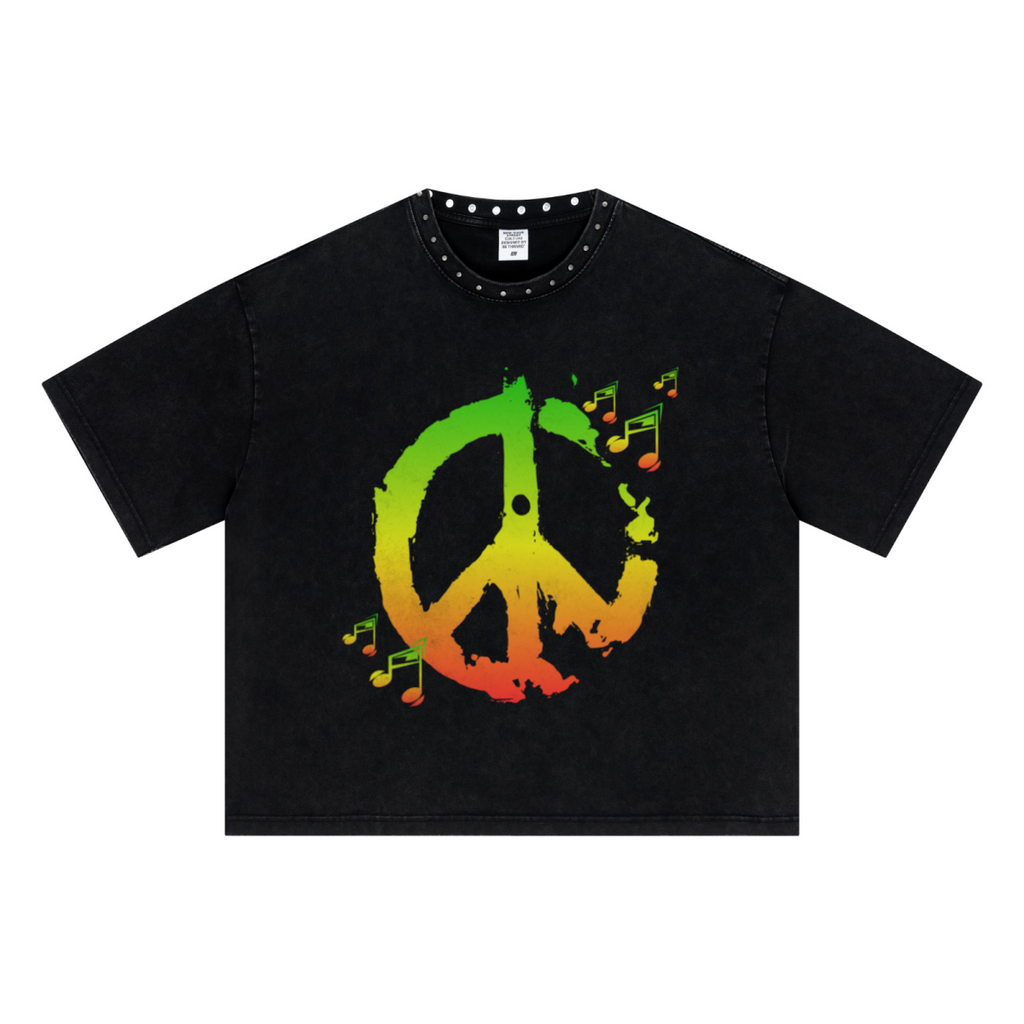 310GSM Men’s Boxy-Fit Distressed Fried-Color Snow-Wash Studded Loose T-shirt Vintage black